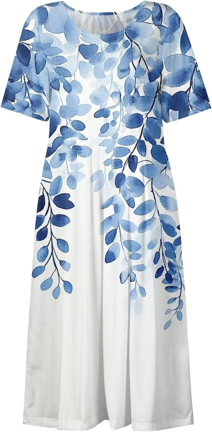 Casual Summer Spring Short Sleeve Floral Midi Dress for Women Trendy Smocked Flowy Formal Plus Size A Line Dress