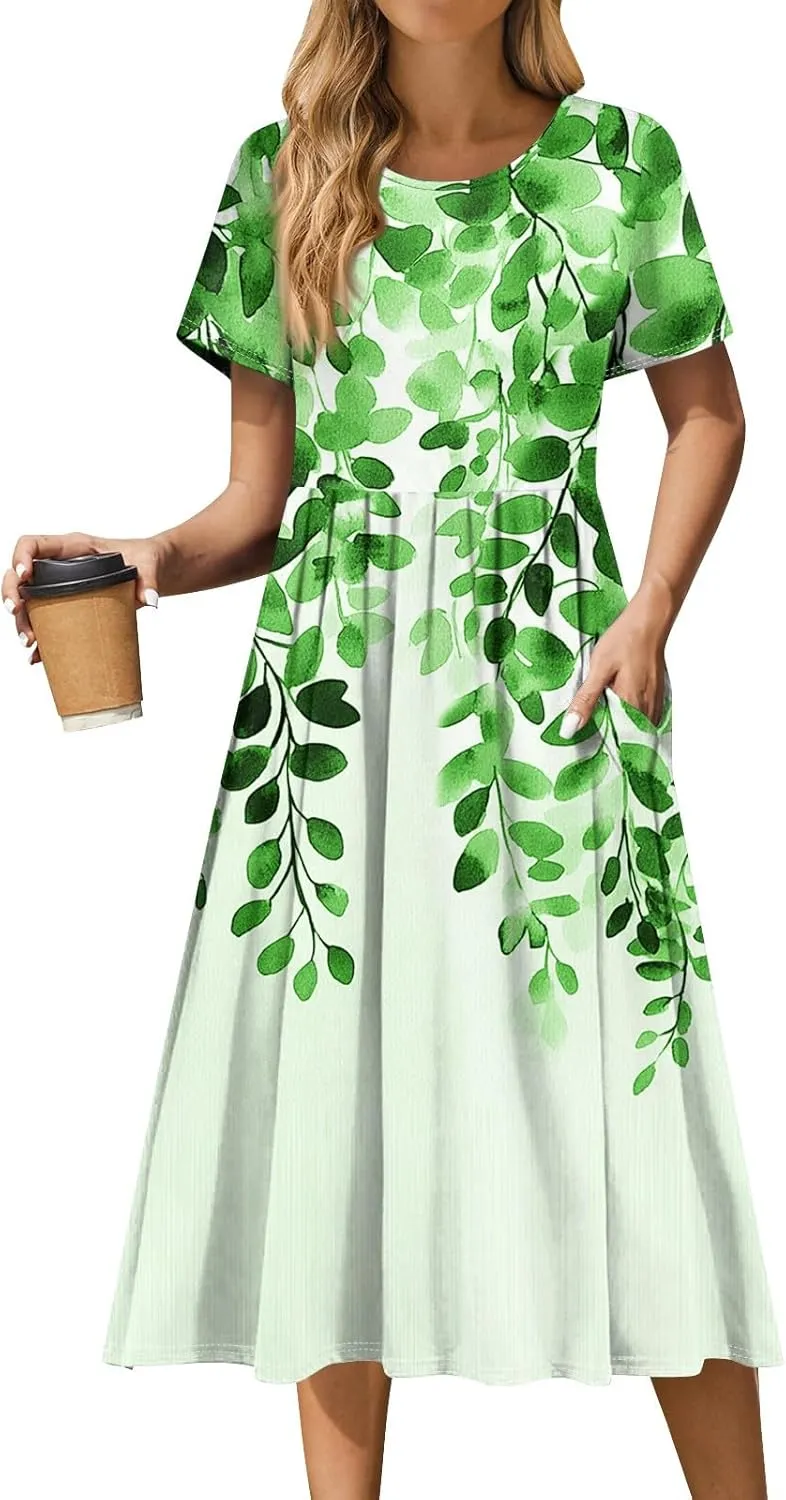 Casual Summer Spring Short Sleeve Floral Midi Dress for Women Trendy Smocked Flowy Formal Plus Size A Line Dress
