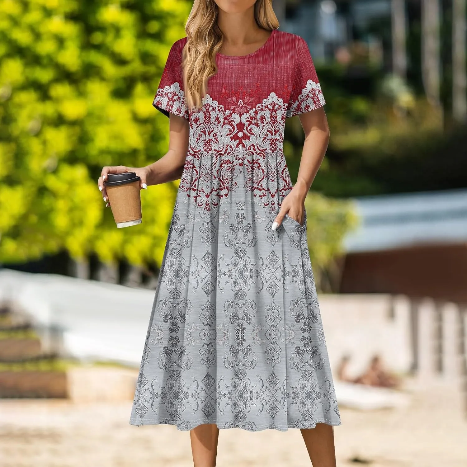 Casual Summer Spring Short Sleeve Floral Midi Dress for Women Trendy Smocked Flowy Formal Plus Size A Line Dress