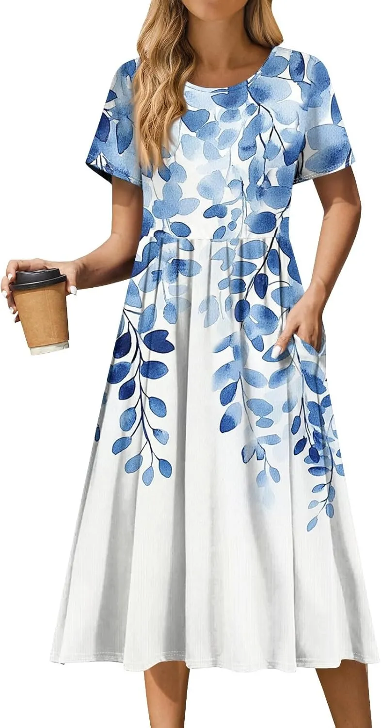 Casual Summer Spring Short Sleeve Floral Midi Dress for Women Trendy Smocked Flowy Formal Plus Size A Line Dress