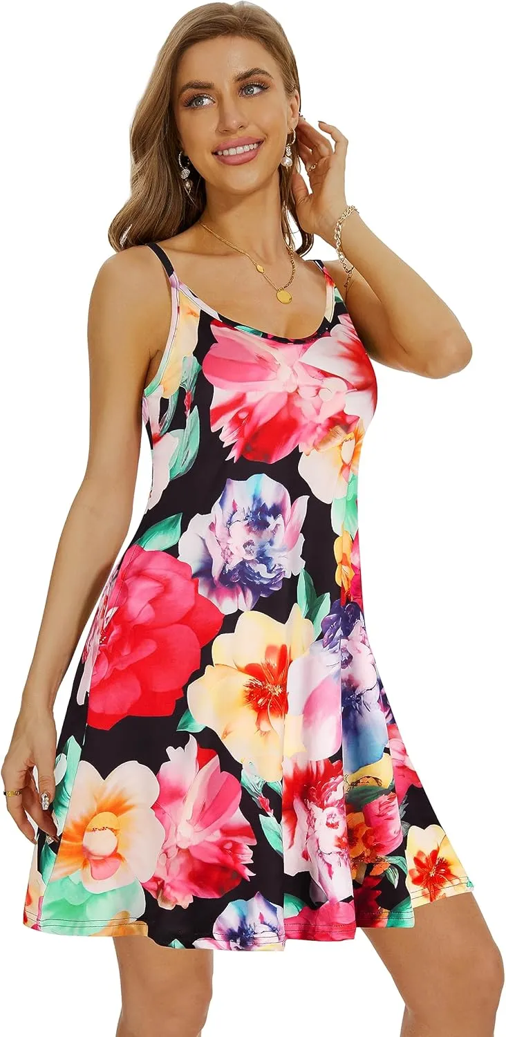 Causal Summer Dresses for Women Mini Beach Sundress Spaghetti Strap Cover Ups with Pockets