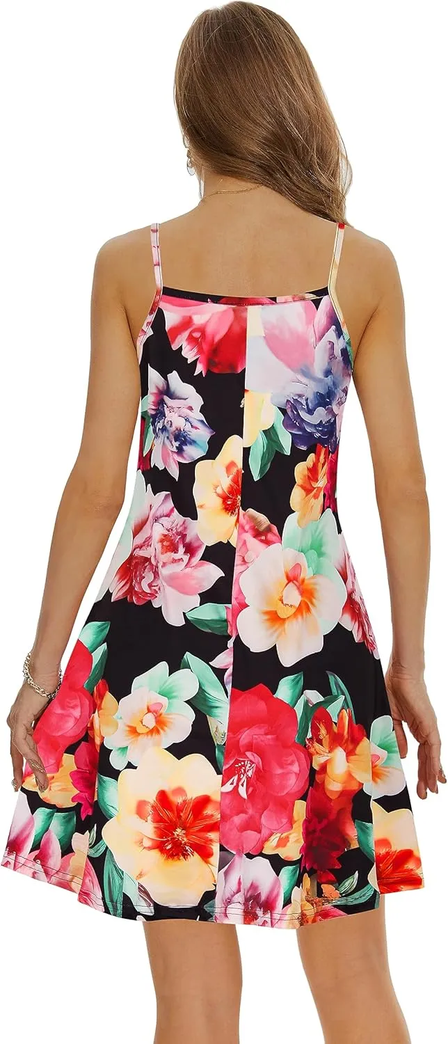 Causal Summer Dresses for Women Mini Beach Sundress Spaghetti Strap Cover Ups with Pockets