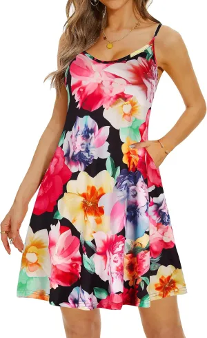 Causal Summer Dresses for Women Mini Beach Sundress Spaghetti Strap Cover Ups with Pockets