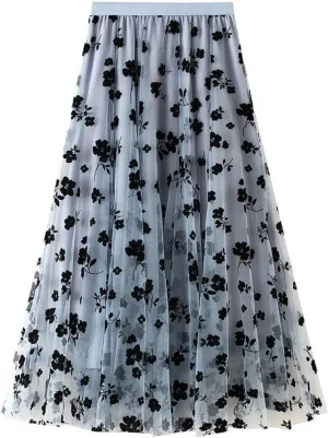 CHARTOU Women's Elastic High Waist Tulle Ruffle Pleated A-Line Swing Midi Skirt