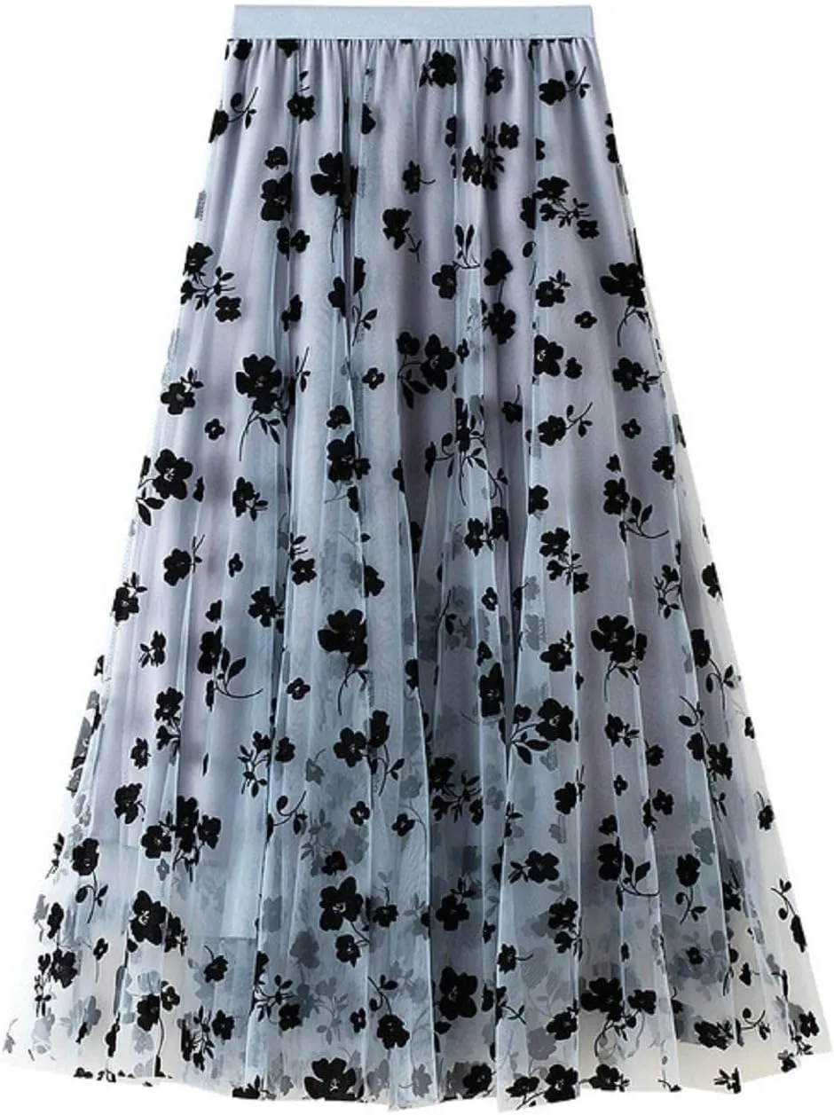 CHARTOU Women's Elastic High Waist Tulle Ruffle Pleated A-Line Swing Midi Skirt