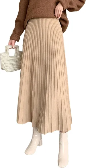CHARTOU Women's Fall Winter High Waist Pleated A-Line Maxi Long Knit Sweater Skirt