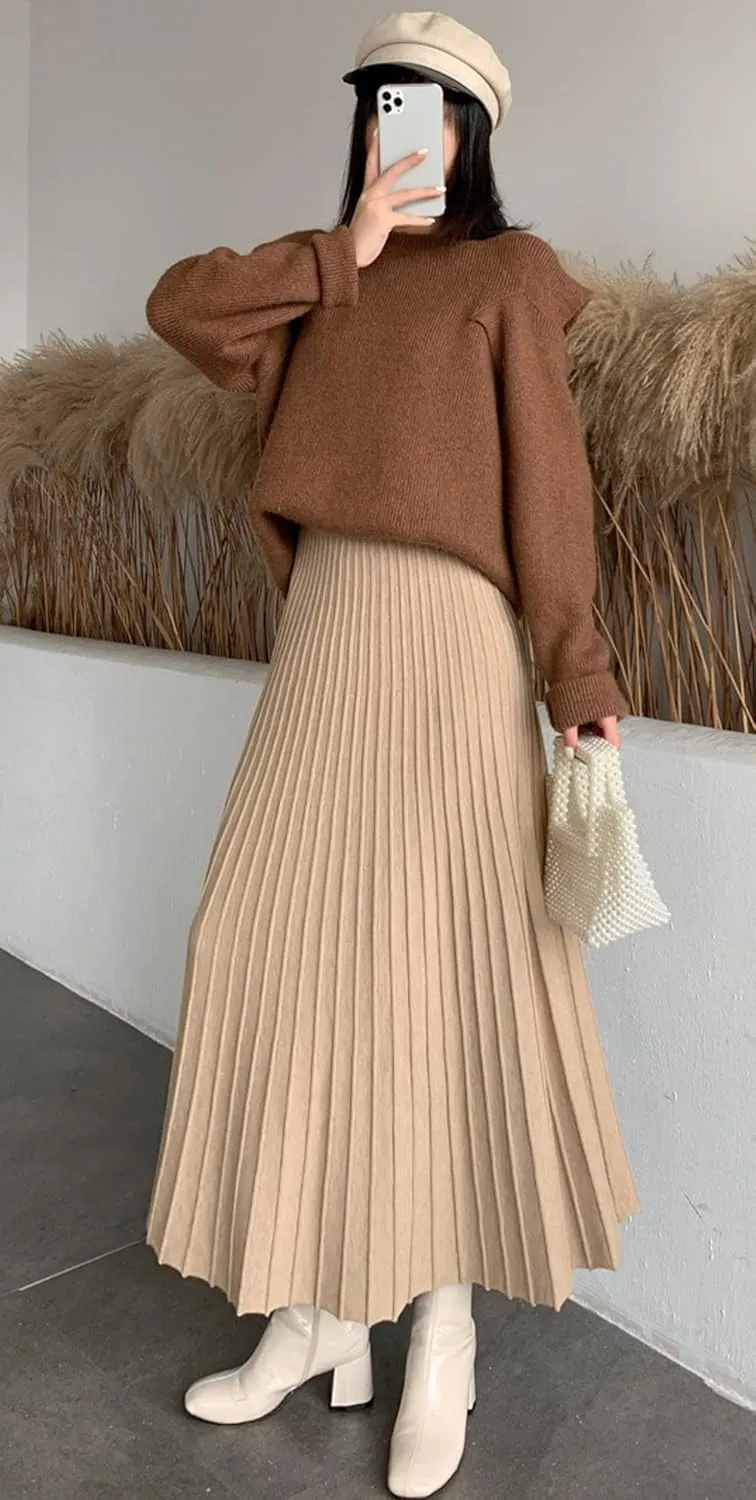 CHARTOU Women's Fall Winter High Waist Pleated A-Line Maxi Long Knit Sweater Skirt