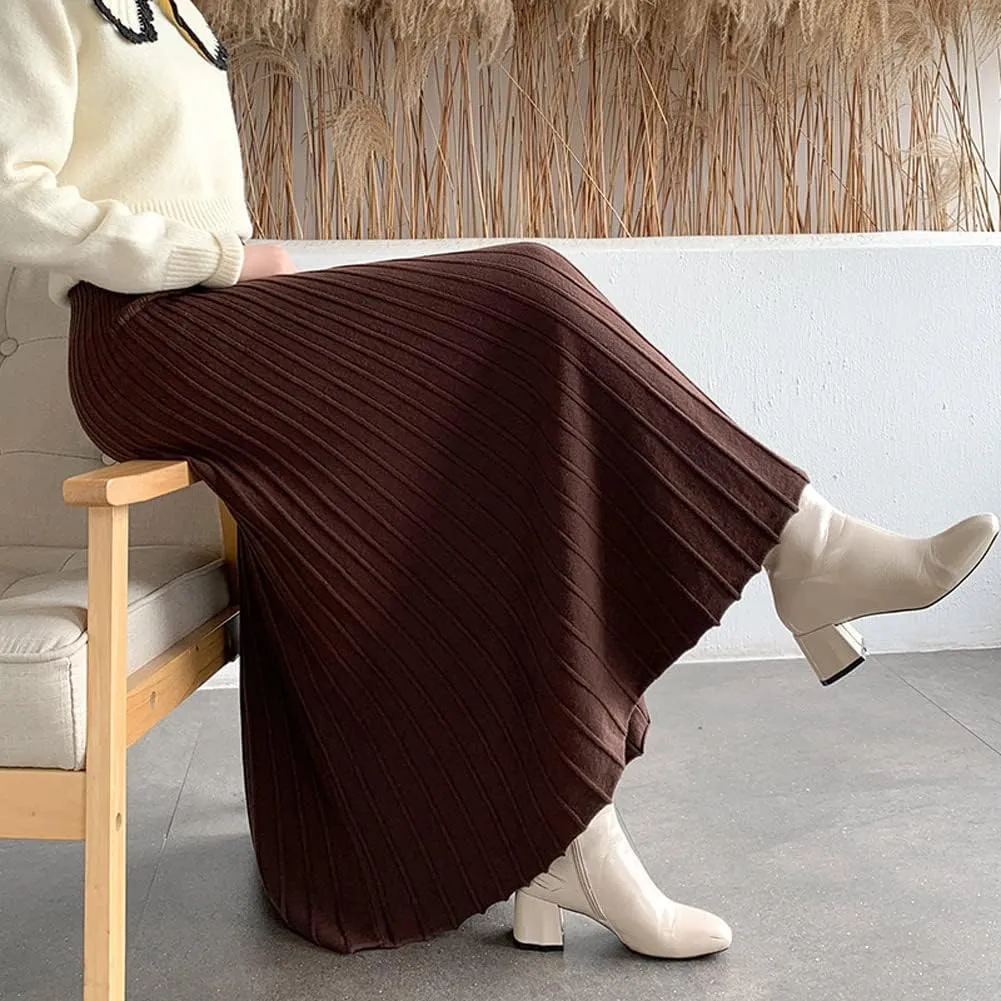 CHARTOU Women's Fall Winter High Waist Pleated A-Line Maxi Long Knit Sweater Skirt