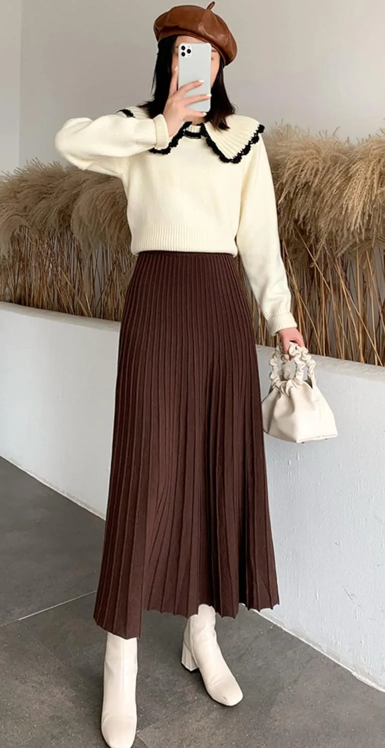 CHARTOU Women's Fall Winter High Waist Pleated A-Line Maxi Long Knit Sweater Skirt