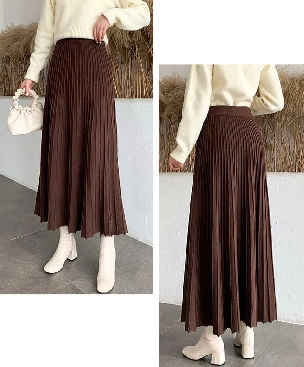 CHARTOU Women's Fall Winter High Waist Pleated A-Line Maxi Long Knit Sweater Skirt