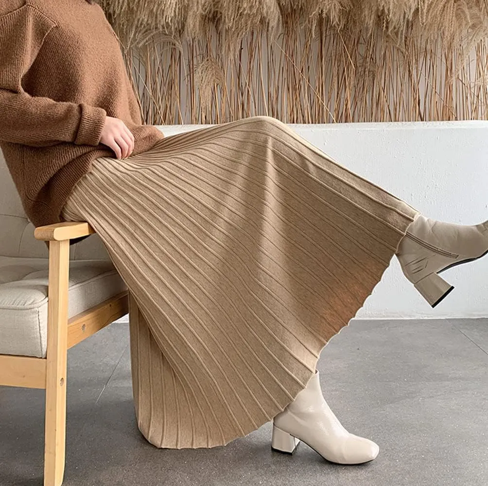 CHARTOU Women's Fall Winter High Waist Pleated A-Line Maxi Long Knit Sweater Skirt