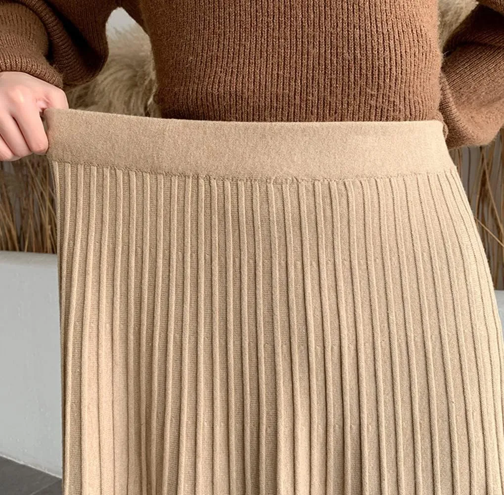 CHARTOU Women's Fall Winter High Waist Pleated A-Line Maxi Long Knit Sweater Skirt