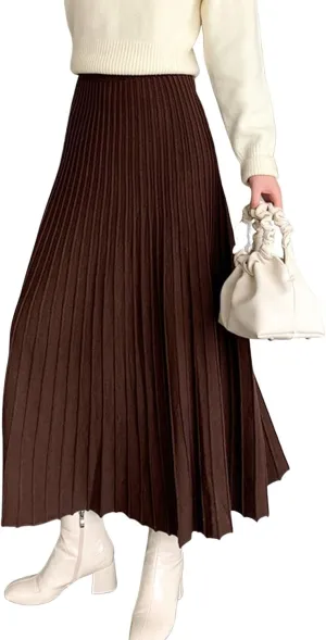 CHARTOU Women's Fall Winter High Waist Pleated A-Line Maxi Long Knit Sweater Skirt