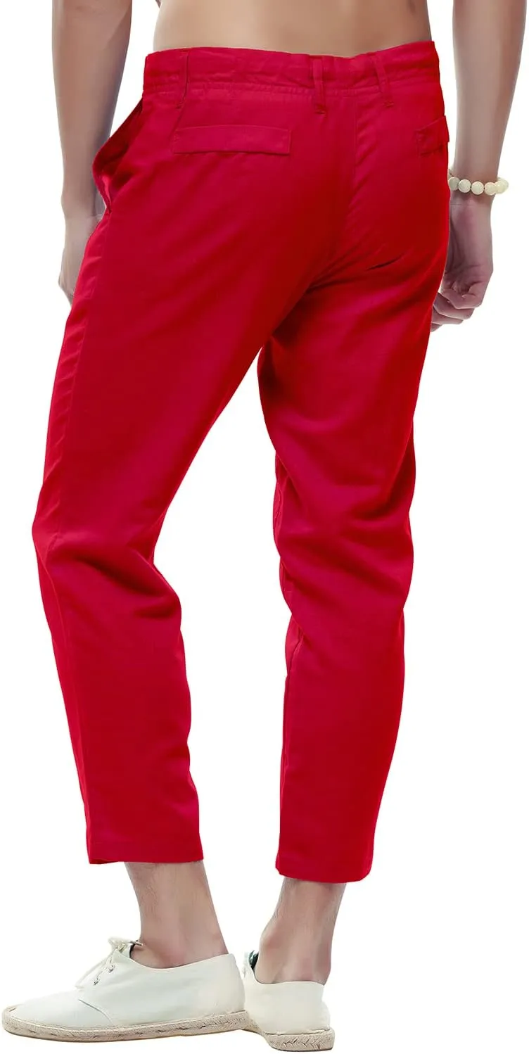 chouyatou Men's Casual Drawstring Straight Fit Beach Linen Capri Pants