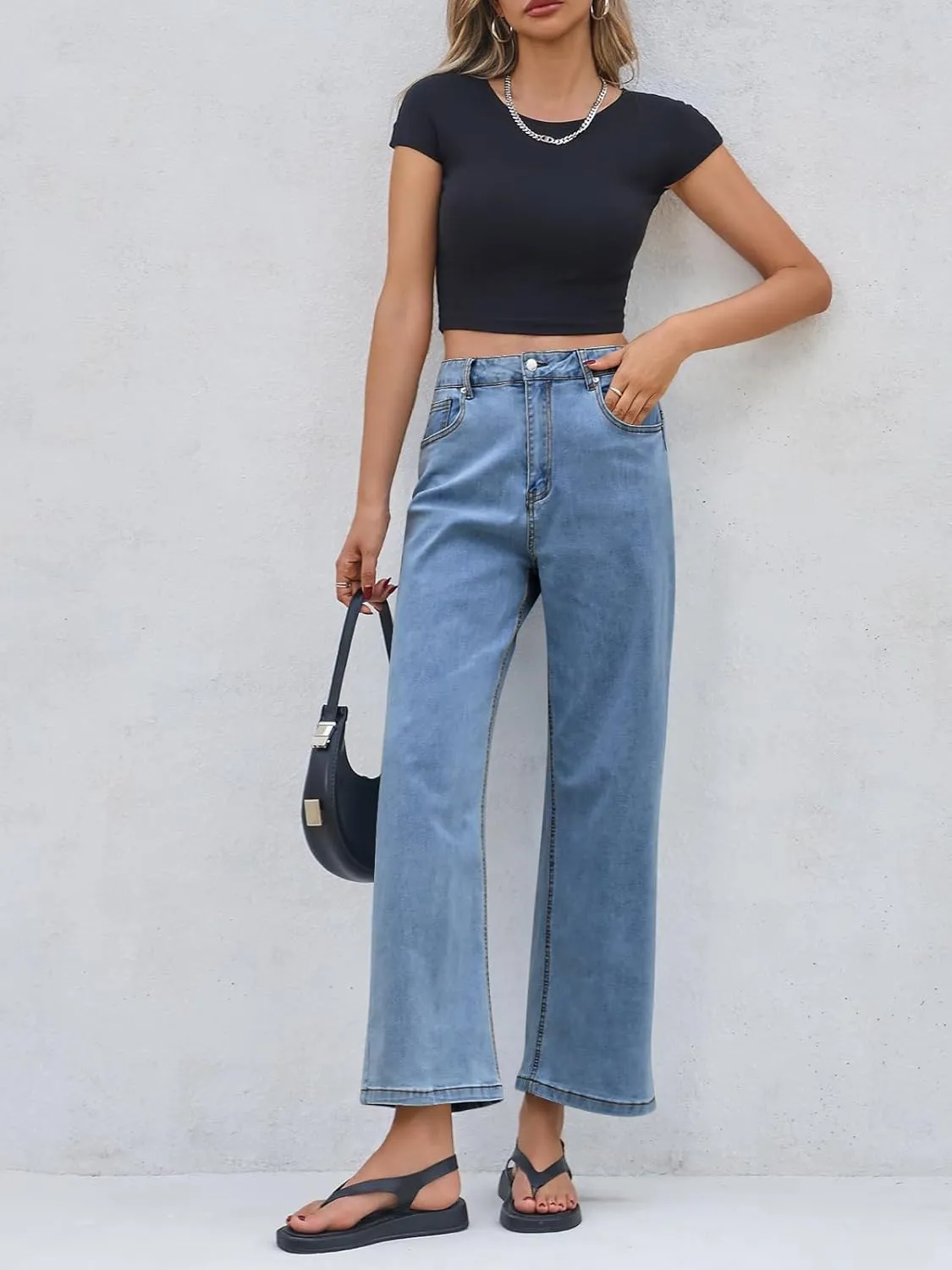 Cicy Bell Womens Baggy Horseshoe Jeans Boyfriend Wide Leg Vintage Mid Rise Cropped Denim Pants