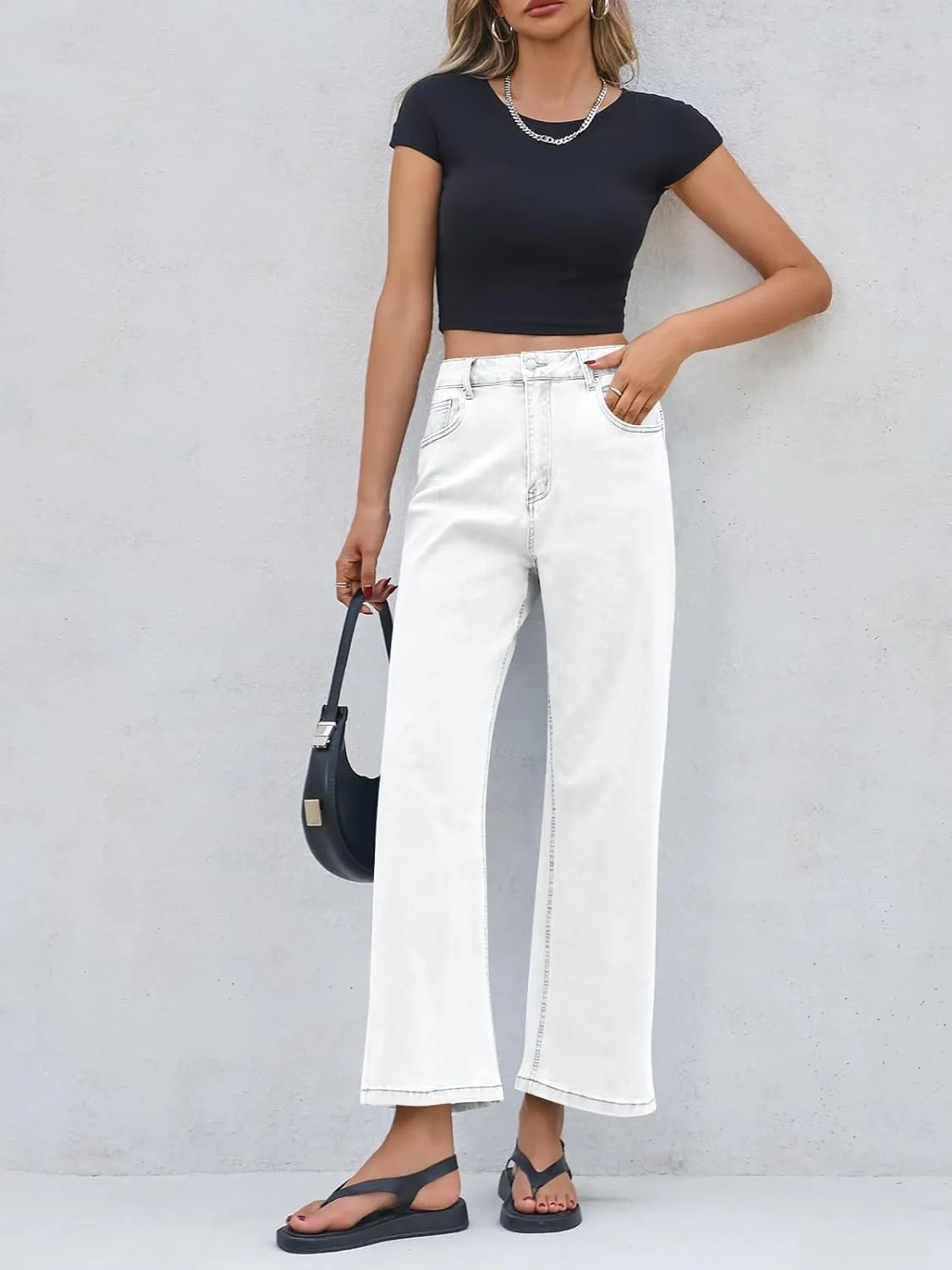 Cicy Bell Womens Baggy Horseshoe Jeans Boyfriend Wide Leg Vintage Mid Rise Cropped Denim Pants