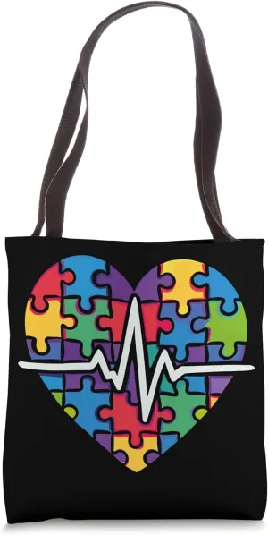 Colorful Puzzle Heart with Heartbeat Tote Bag