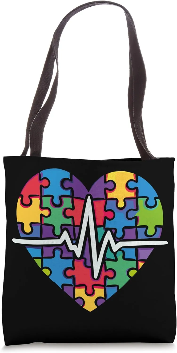 Colorful Puzzle Heart with Heartbeat Tote Bag
