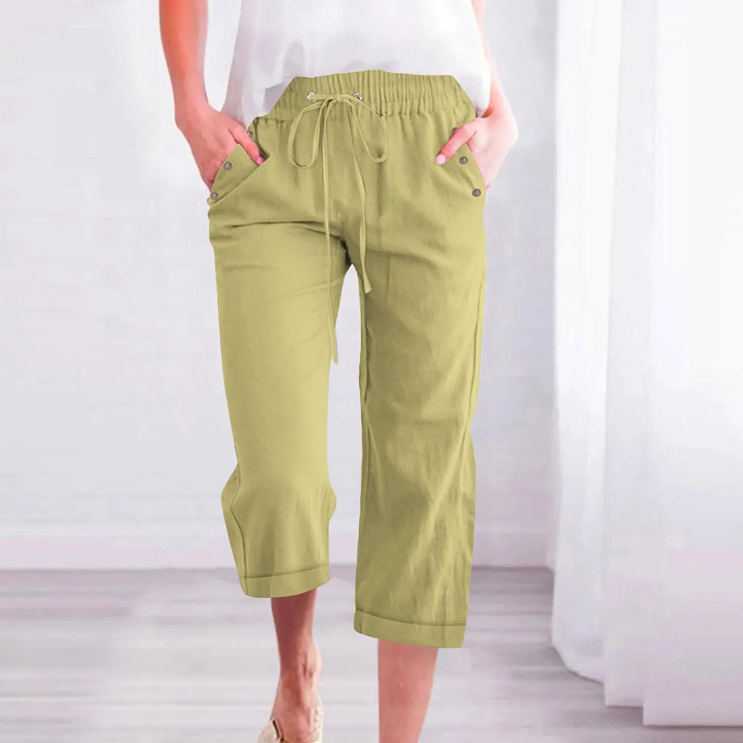 Cotton Linen Capris Pants for Women Summer 2025 Straight Wide Leg Loose Drawstring Elastic Waist Cropped Trousers