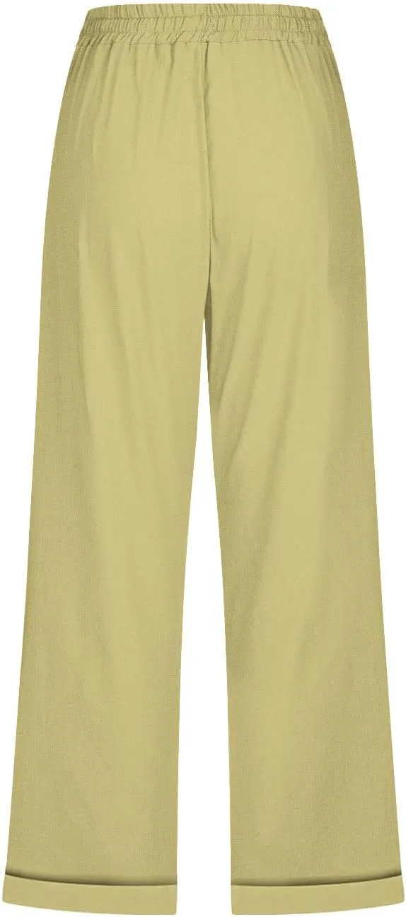 Cotton Linen Capris Pants for Women Summer 2025 Straight Wide Leg Loose Drawstring Elastic Waist Cropped Trousers