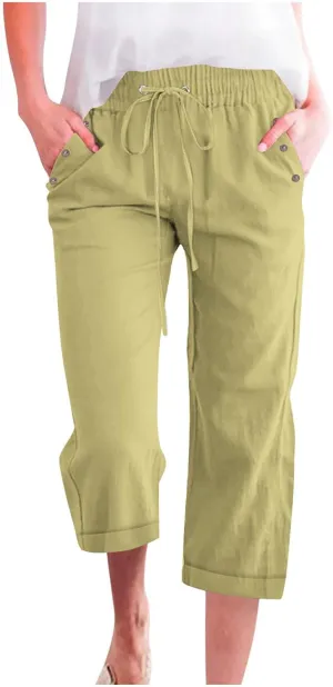 Cotton Linen Capris Pants for Women Summer 2025 Straight Wide Leg Loose Drawstring Elastic Waist Cropped Trousers