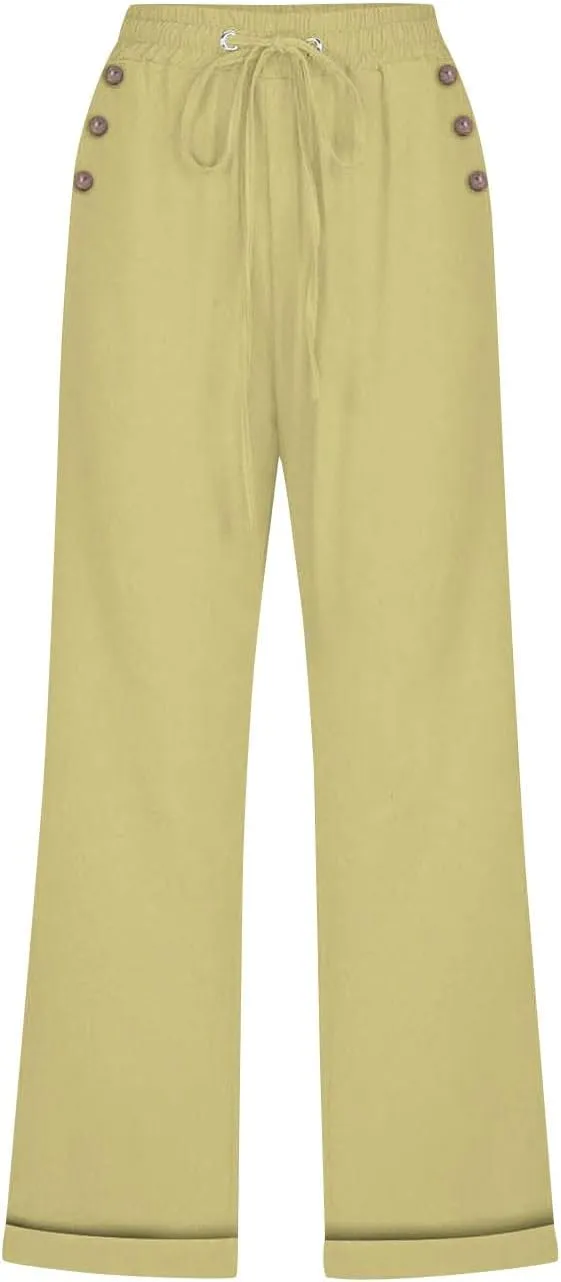 Cotton Linen Capris Pants for Women Summer 2025 Straight Wide Leg Loose Drawstring Elastic Waist Cropped Trousers