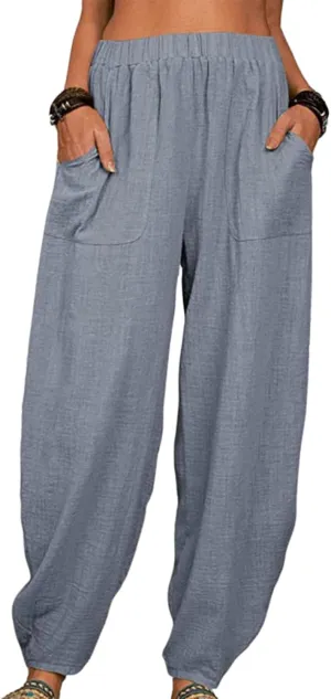 Cotton Linen Elastic Waist Harem Pants for Women Casual High Waist Trousers with Pockets Solid Color Casual Pants