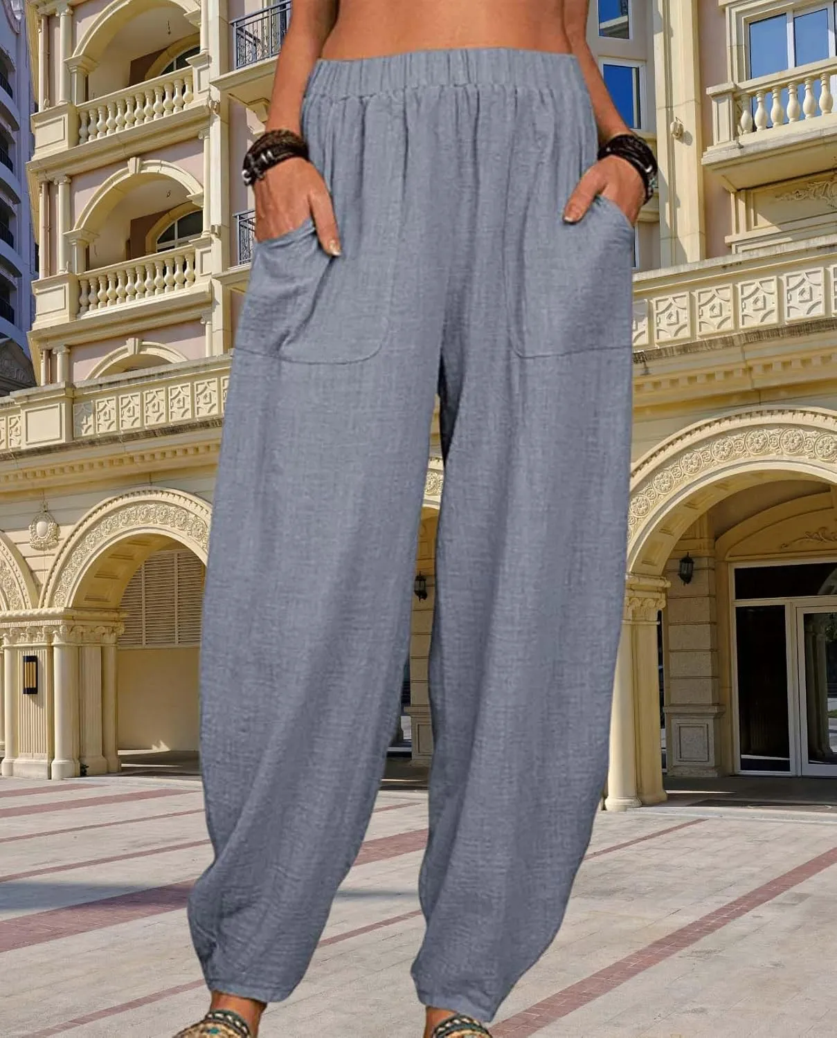 Cotton Linen Elastic Waist Harem Pants for Women Casual High Waist Trousers with Pockets Solid Color Casual Pants