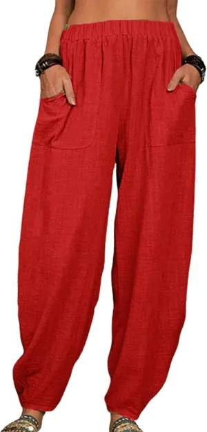 Cotton Linen Elastic Waist Harem Pants for Women Casual High Waist Trousers with Pockets Solid Color Casual Pants