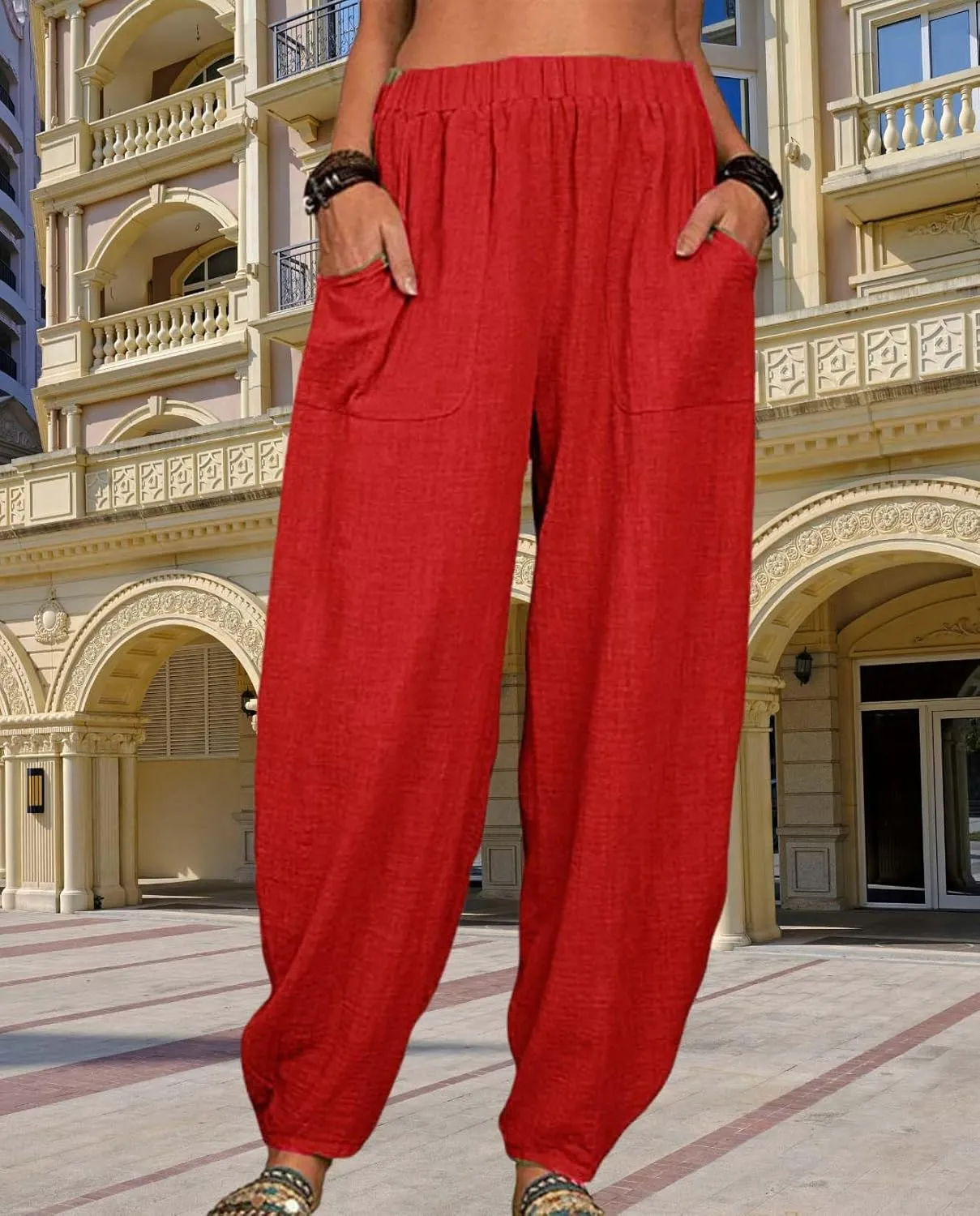Cotton Linen Elastic Waist Harem Pants for Women Casual High Waist Trousers with Pockets Solid Color Casual Pants