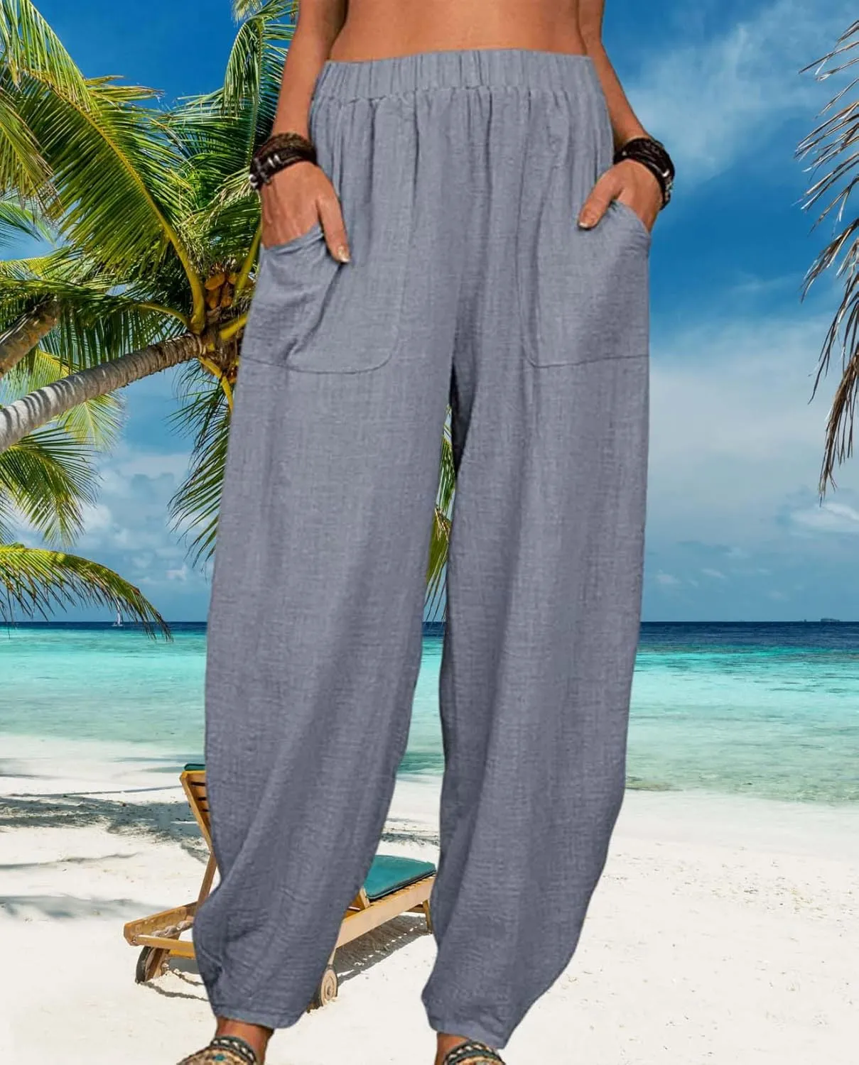 Cotton Linen Elastic Waist Harem Pants for Women Casual High Waist Trousers with Pockets Solid Color Casual Pants