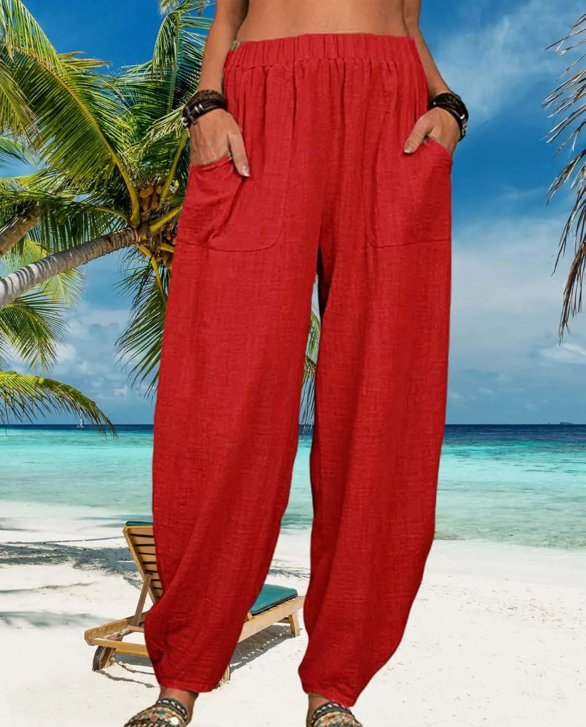 Cotton Linen Elastic Waist Harem Pants for Women Casual High Waist Trousers with Pockets Solid Color Casual Pants