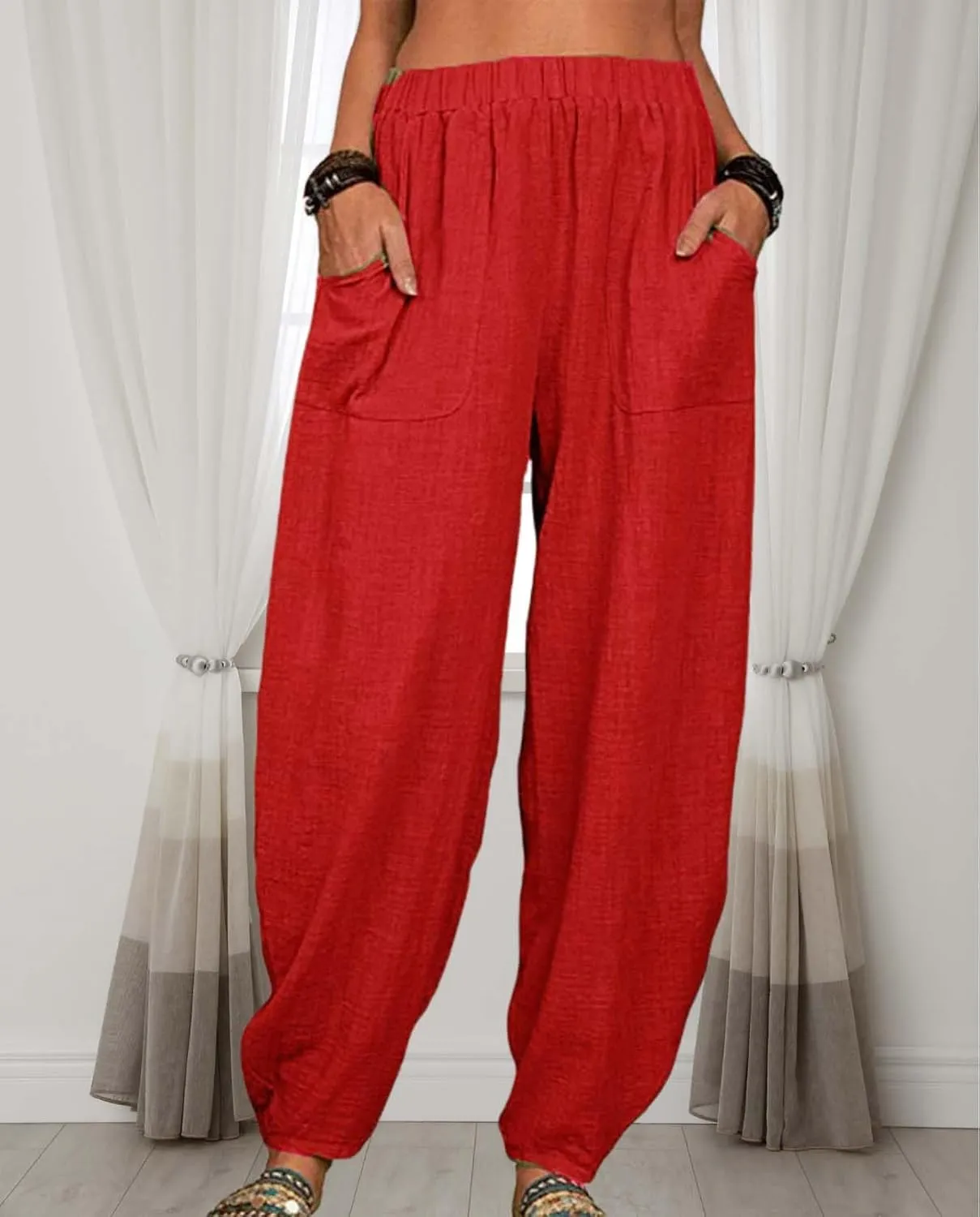 Cotton Linen Elastic Waist Harem Pants for Women Casual High Waist Trousers with Pockets Solid Color Casual Pants