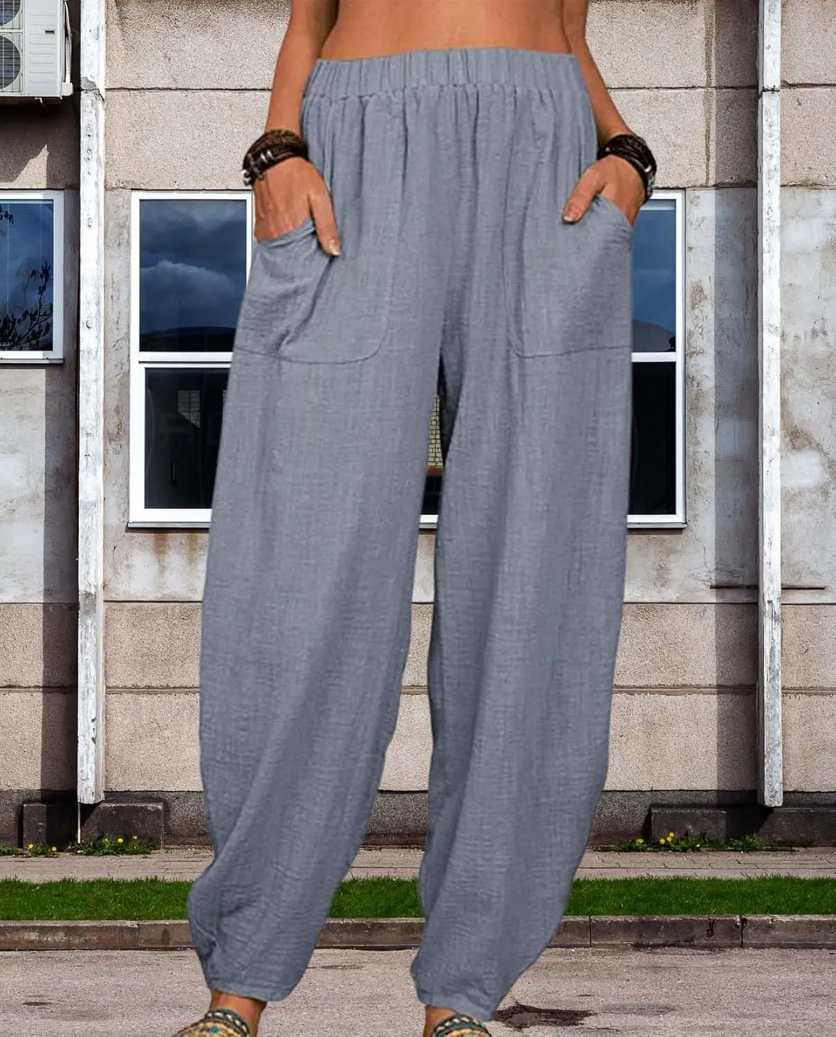 Cotton Linen Elastic Waist Harem Pants for Women Casual High Waist Trousers with Pockets Solid Color Casual Pants