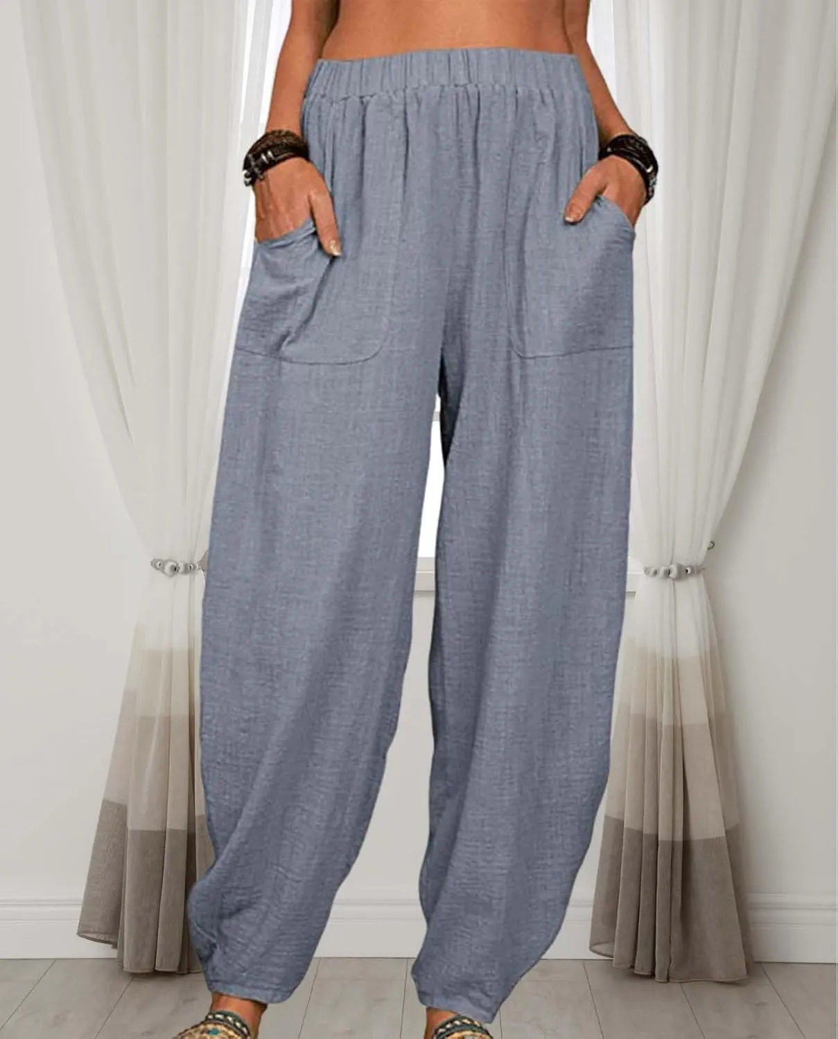 Cotton Linen Elastic Waist Harem Pants for Women Casual High Waist Trousers with Pockets Solid Color Casual Pants
