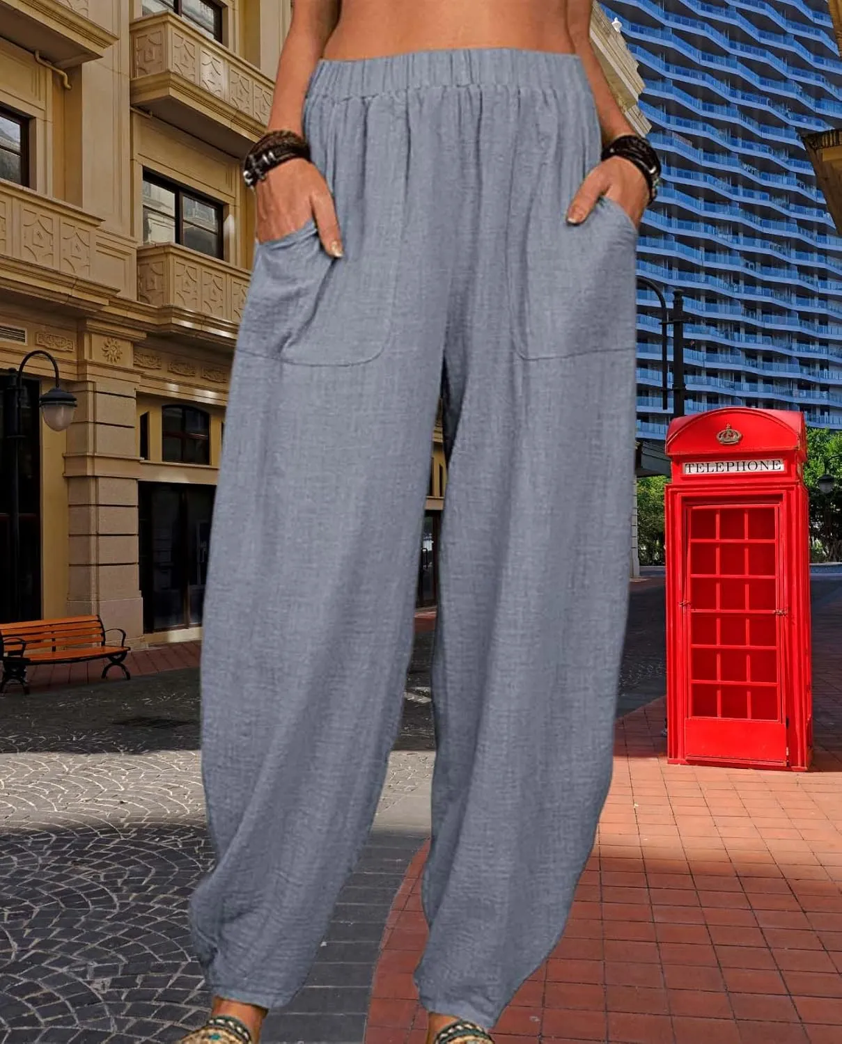 Cotton Linen Elastic Waist Harem Pants for Women Casual High Waist Trousers with Pockets Solid Color Casual Pants