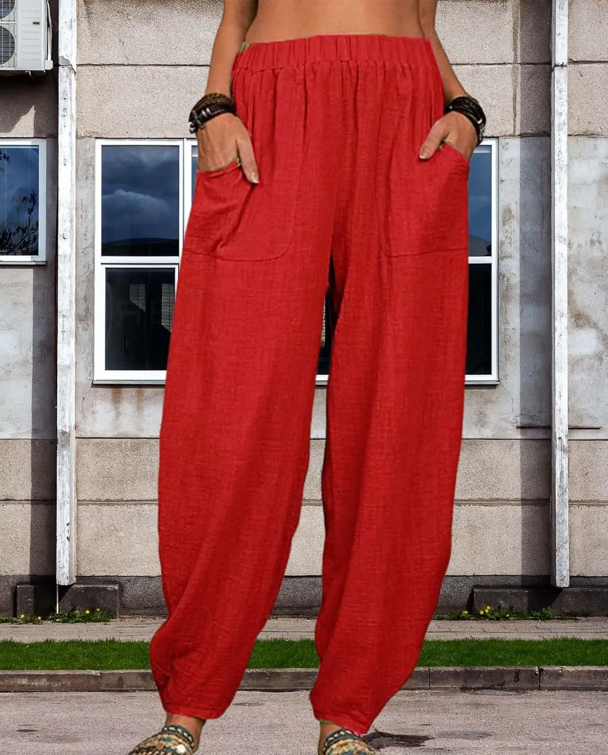 Cotton Linen Elastic Waist Harem Pants for Women Casual High Waist Trousers with Pockets Solid Color Casual Pants