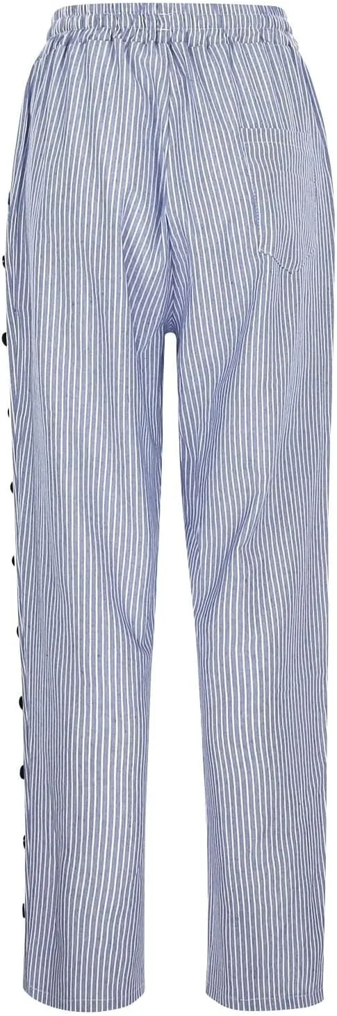 Cotton Linen Pants for Women Drawstring High Elastic Waist Trousers Summer Trendy Strip Buttoned Side Tapered Pants