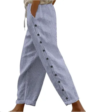 Cotton Linen Pants for Women Drawstring High Elastic Waist Trousers Summer Trendy Strip Buttoned Side Tapered Pants
