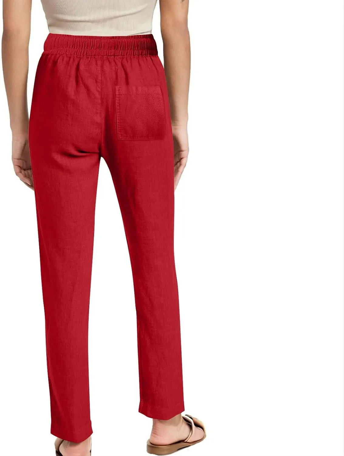 Cotton Linen Pants for Women Loose Fit Drawstring Elastic High Waist Casual Trouser Solid Lounge Pants with Pockets