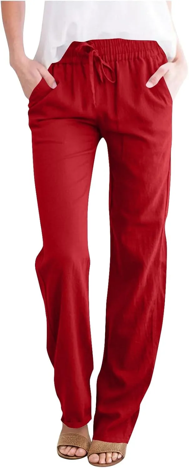 Cotton Linen Pants for Women Loose Fit Drawstring Elastic High Waist Casual Trouser Solid Lounge Pants with Pockets