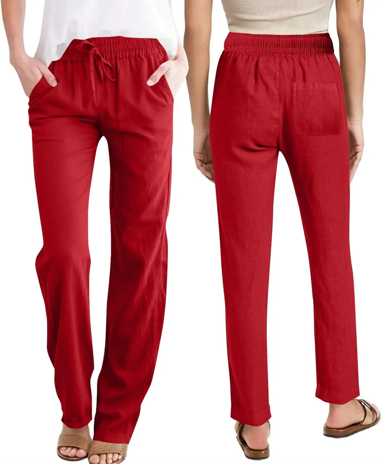 Cotton Linen Pants for Women Loose Fit Drawstring Elastic High Waist Casual Trouser Solid Lounge Pants with Pockets