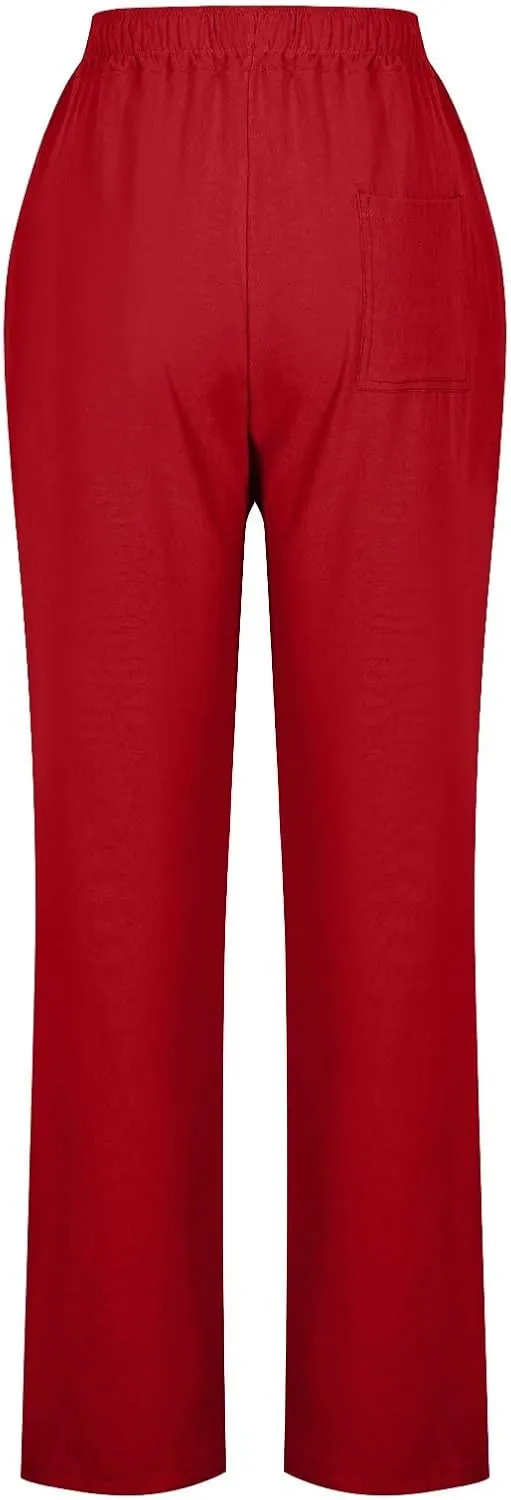 Cotton Linen Pants for Women Loose Fit Drawstring Elastic High Waist Casual Trouser Solid Lounge Pants with Pockets