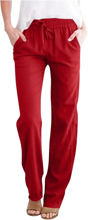 Cotton Linen Pants for Women Loose Fit Drawstring Elastic High Waist Casual Trouser Solid Lounge Pants with Pockets