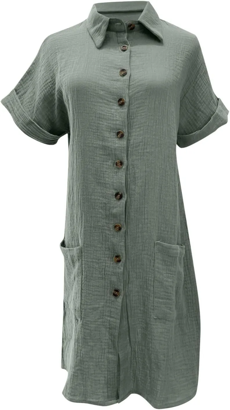 Cotton Midi Shirt Dress for Women Trendy Button Short Sleeve Dresses Solid Lapel Casual Dress Summer Travel Clothes