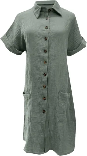 Cotton Midi Shirt Dress for Women Trendy Button Short Sleeve Dresses Solid Lapel Casual Dress Summer Travel Clothes