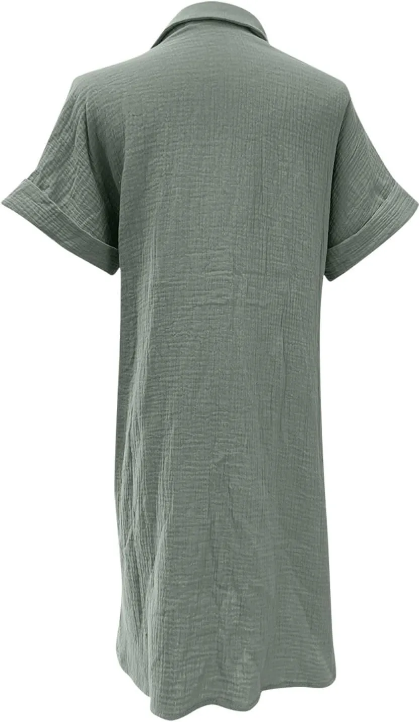 Cotton Midi Shirt Dress for Women Trendy Button Short Sleeve Dresses Solid Lapel Casual Dress Summer Travel Clothes