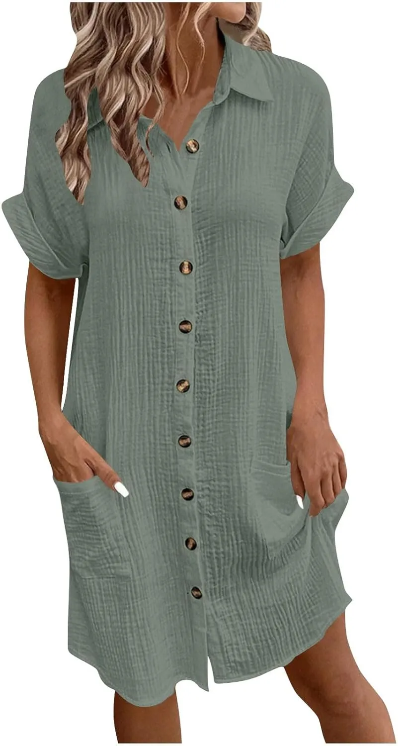 Cotton Midi Shirt Dress for Women Trendy Button Short Sleeve Dresses Solid Lapel Casual Dress Summer Travel Clothes