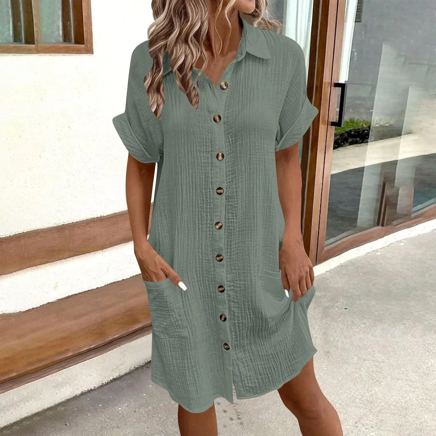 Cotton Midi Shirt Dress for Women Trendy Button Short Sleeve Dresses Solid Lapel Casual Dress Summer Travel Clothes
