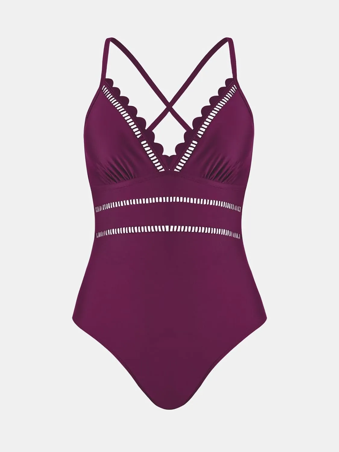 CUPSHE Women's One Piece Swimsuit Bathing Suit Plunging Neck Back Crisscross Scalloped Spaghetti Straps